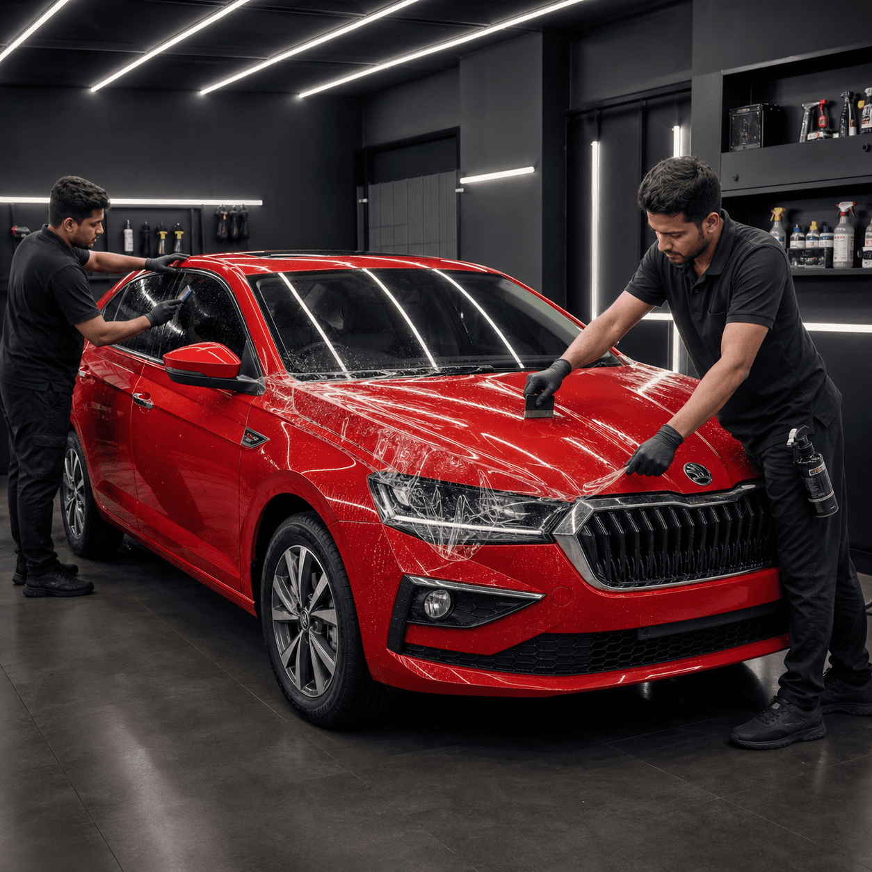 Sun film specialist working on a Skoda Slavia in the studio