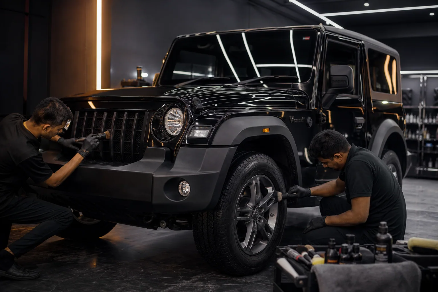 Technicians detailing a black Mahindra Thar