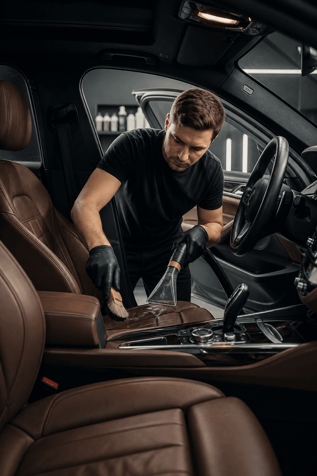 Premium vehicle cabin during interior detailing