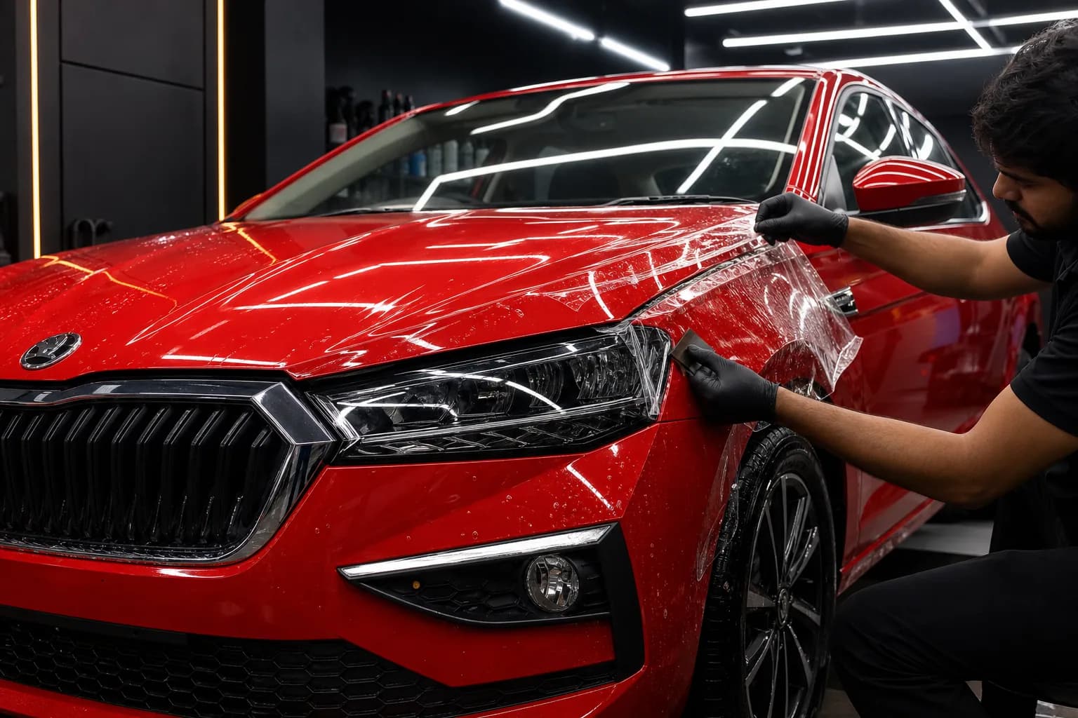 Technician installing clear PPF on a red Skoda Slavia