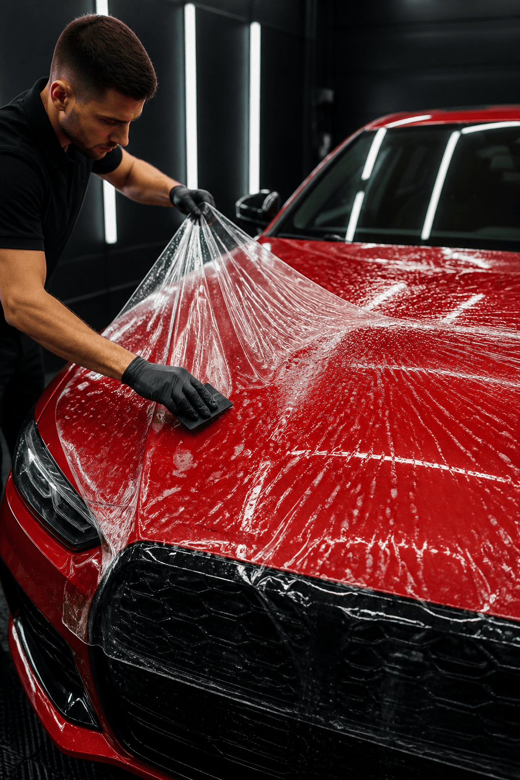 Paint protection film being finished under inspection lighting