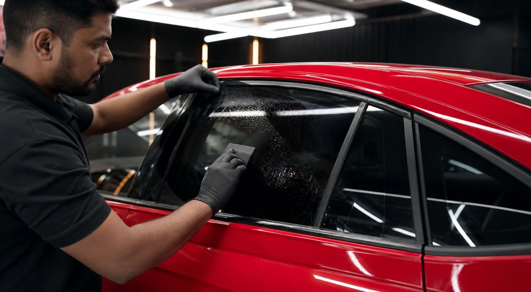 Technician installing sun film on a red Skoda Slavia window