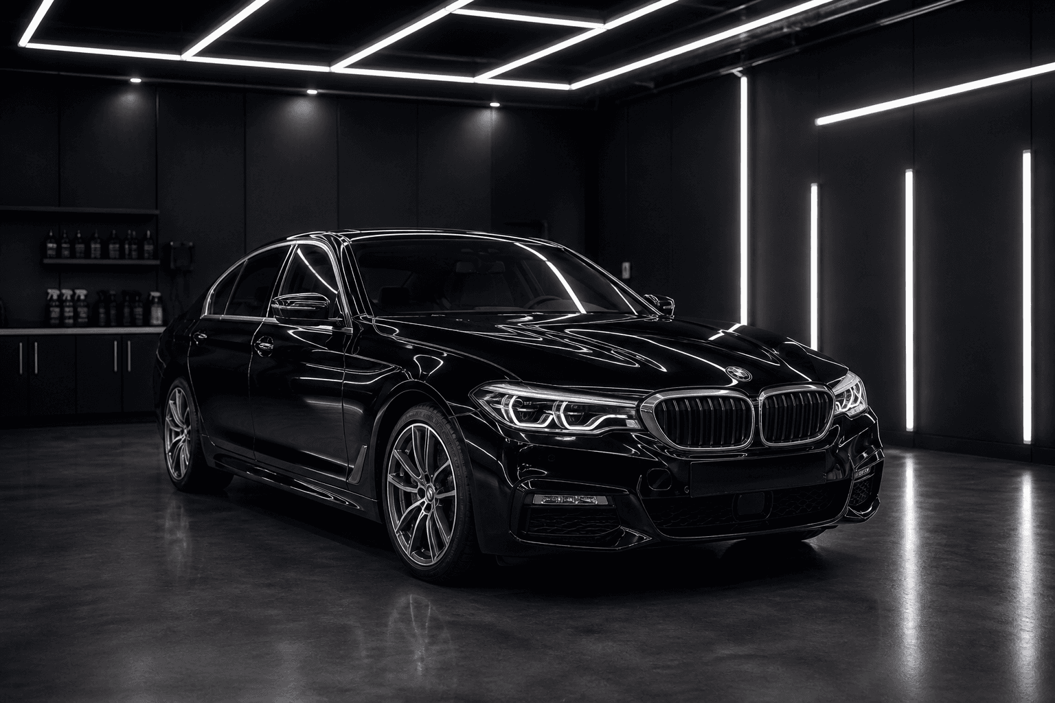 Black BMW 5 Series after detailing inside the DK studio