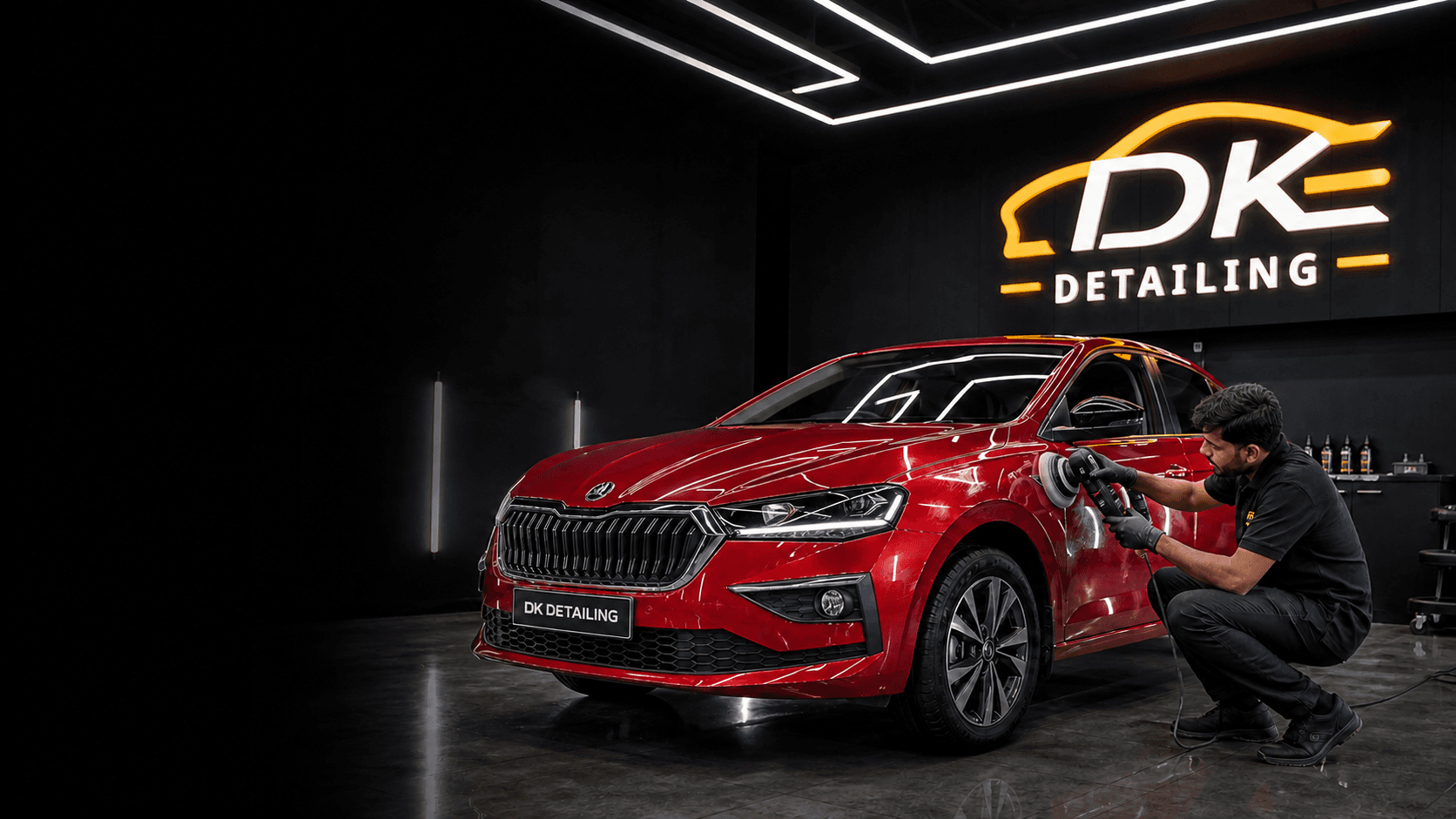 Red Skoda Slavia presented under DK Detailing studio lights